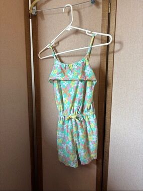 Girls Extremely Me Floral Mint Green Romper with Ruffle 10/12